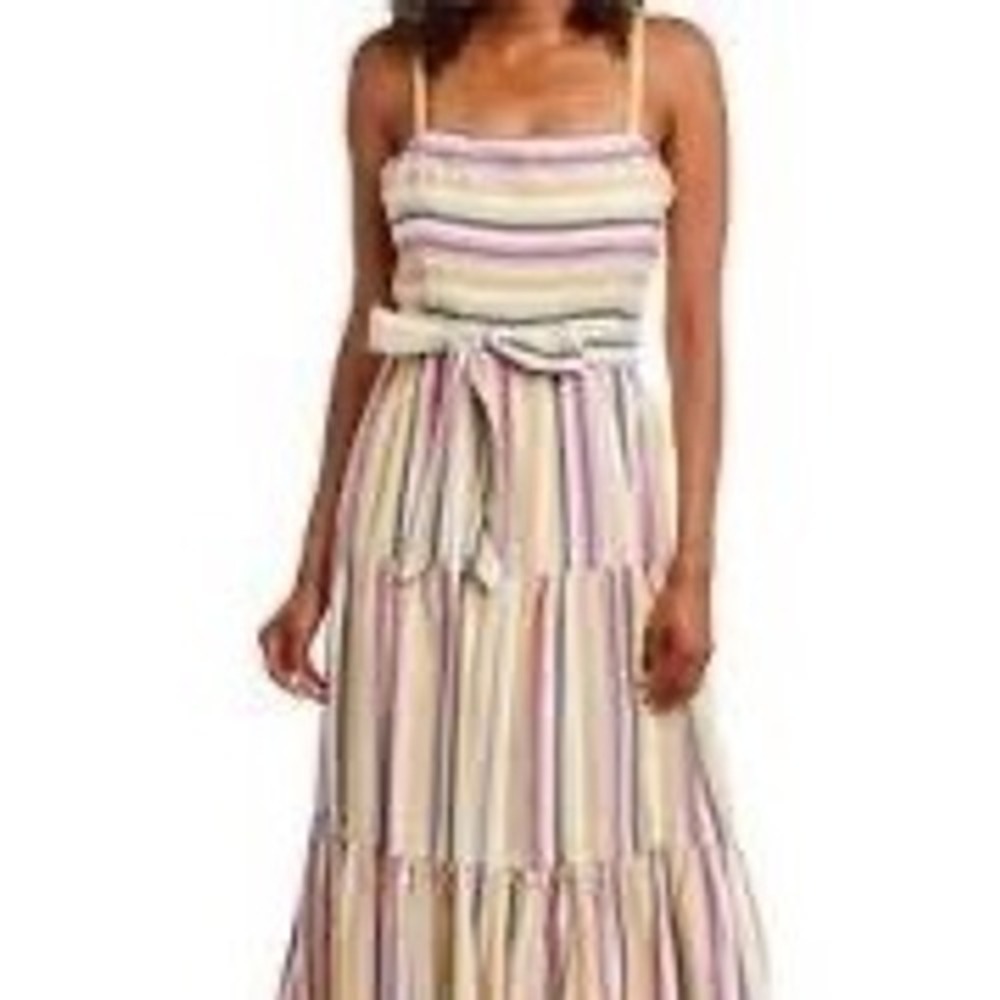 Julia Jordan Multi Color Striped Tiered Midi Dress With Belt Size 12 NWT